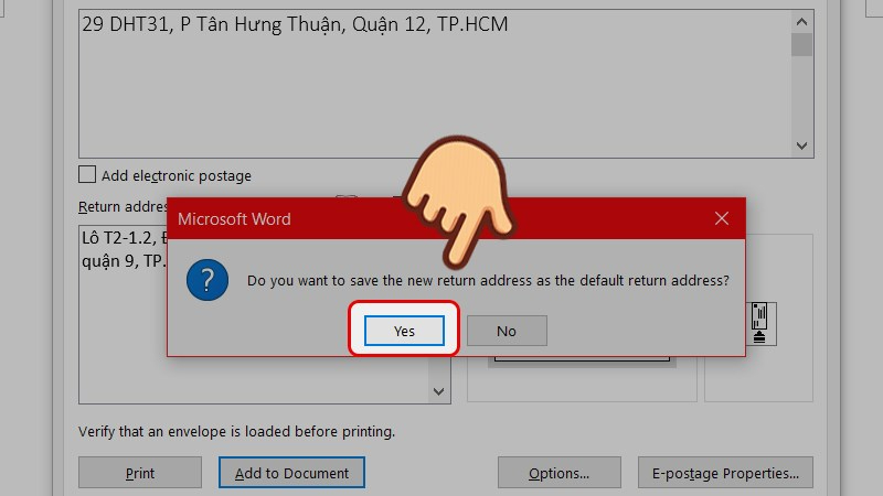Nhấn Yes trong giao diện thông báo để lưu phong bì