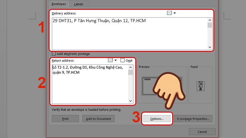 Ở giao diện Envelope Options